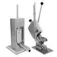 Stainless steel 3L sausage stuffer and clipper set featuring a sturdy base, lever handle, and precision clipper for easy sausage making