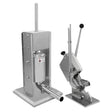 Stainless steel 7L sausage stuffer with a vertical design and a clipper set, featuring a sturdy base and ergonomic handles
