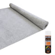Silver grey van carpet lining rolled out beside five cans of adhesive spray, showcasing a soft, textured surface ideal for vehicle interiors