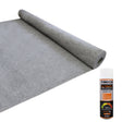 Gray carpet lining roll with a smooth texture alongside five cans of T-MECH Ultimate Spray Adhesive for van interiors