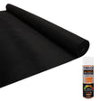 Black van carpet lining roll alongside five cans of T-MECH ultimate spray adhesive, showcasing a smooth, durable texture
