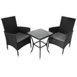 Black rattan bistro set featuring two chairs with gray cushions and a glass-top table, perfect for outdoor dining or relaxation