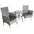 Light grey rattan bistro set featuring two woven chairs with black cushions and a matching square table, perfect for outdoor dining