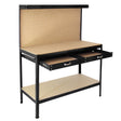 Black workbench featuring a pegboard back, two spacious drawers, and a sturdy lower shelf for tools and supplies