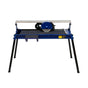 Blue wet tile cutter bench with a sturdy black frame, featuring a circular blade and adjustable cutting guide for precision