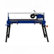 Wet tile cutter bench in blue and black, featuring a powerful 1400W motor, sturdy legs, and a large cutting surface for precision tile work