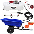 Off-road ATV trailer with a blue tub, 100-litre sprayer tank, hoses, nozzles, and accessories for efficient spraying tasks