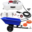 Blue ATV tipping trailer with a white 60-litre sprayer tank, hoses, spray nozzles, and accessories for efficient spraying tasks