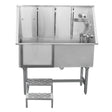 Stainless steel dog bath tub with a sloped design, three hose attachments, and a sturdy step for easy access