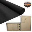Black van lining material rolled out beside a compact camper kitchen unit with storage, featuring adhesive spray cans for installation