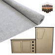 Silver grey van lining roll with a smooth texture, accompanied by a wooden camper kitchen unit featuring cabinets and adhesive glue bottles