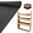 Anthracite van lining roll, glue bottles, and a wooden rack with multiple compartments for organizing tools and accessories