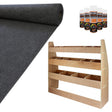 Anthracite van lining roll, wood rack with multiple compartments, and adhesive bottles for VW Caddy customization and organization
