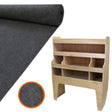 Anthracite van lining roll with a smooth texture, alongside a wooden rack featuring multiple storage compartments and an orange accent