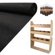 Black van lining material roll, glue bottles, and a wooden rack for Ford Transit Custom, showcasing smooth texture and practical design