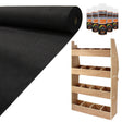 Black van lining material rolls alongside a wooden racking unit with multiple compartments, ideal for Citroen Berlingo storage solutions