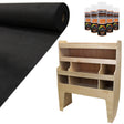 Black van lining roll alongside a wooden racking unit with multiple compartments, ideal for VW Transporter organization