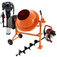T-Mech orange cement mixer with a sturdy frame, black 4-stroke post driver, and a sharp earth auger, ideal for construction tasks