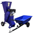Blue ATV tipping trailer paired with a 15HP wood chipper, featuring sturdy wheels, a robust engine, and a spacious loading bed