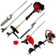 Versatile 5 in 1 multi-tool set featuring a chainsaw, hedge trimmer, and earth auger with durable metal shafts and red accents