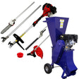 5 in 1 multi tool with a red engine, silver attachments including a chainsaw, hedge trimmer, and a blue wood chipper with wheels