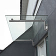 Clear glass door canopy with sleek stainless steel brackets, measuring 144cm wide and 80cm deep, mounted above a doorway