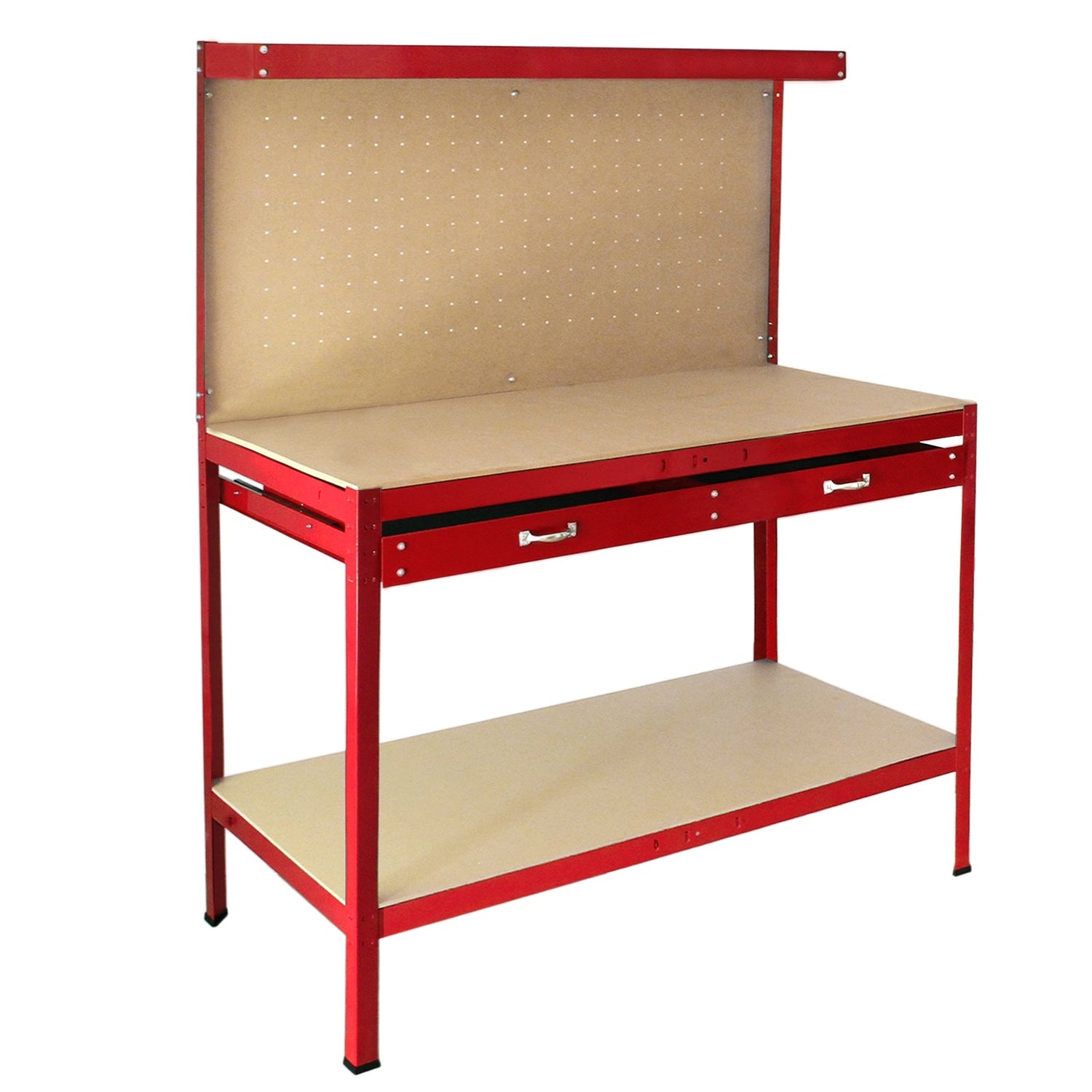Red workbench featuring a pegboard back, smooth wooden surface, and two drawers for organized storage and workspace efficiency