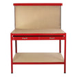 Red workbench featuring a pegboard back, a smooth wooden top, two drawers, and a sturdy metal frame for organized workspace