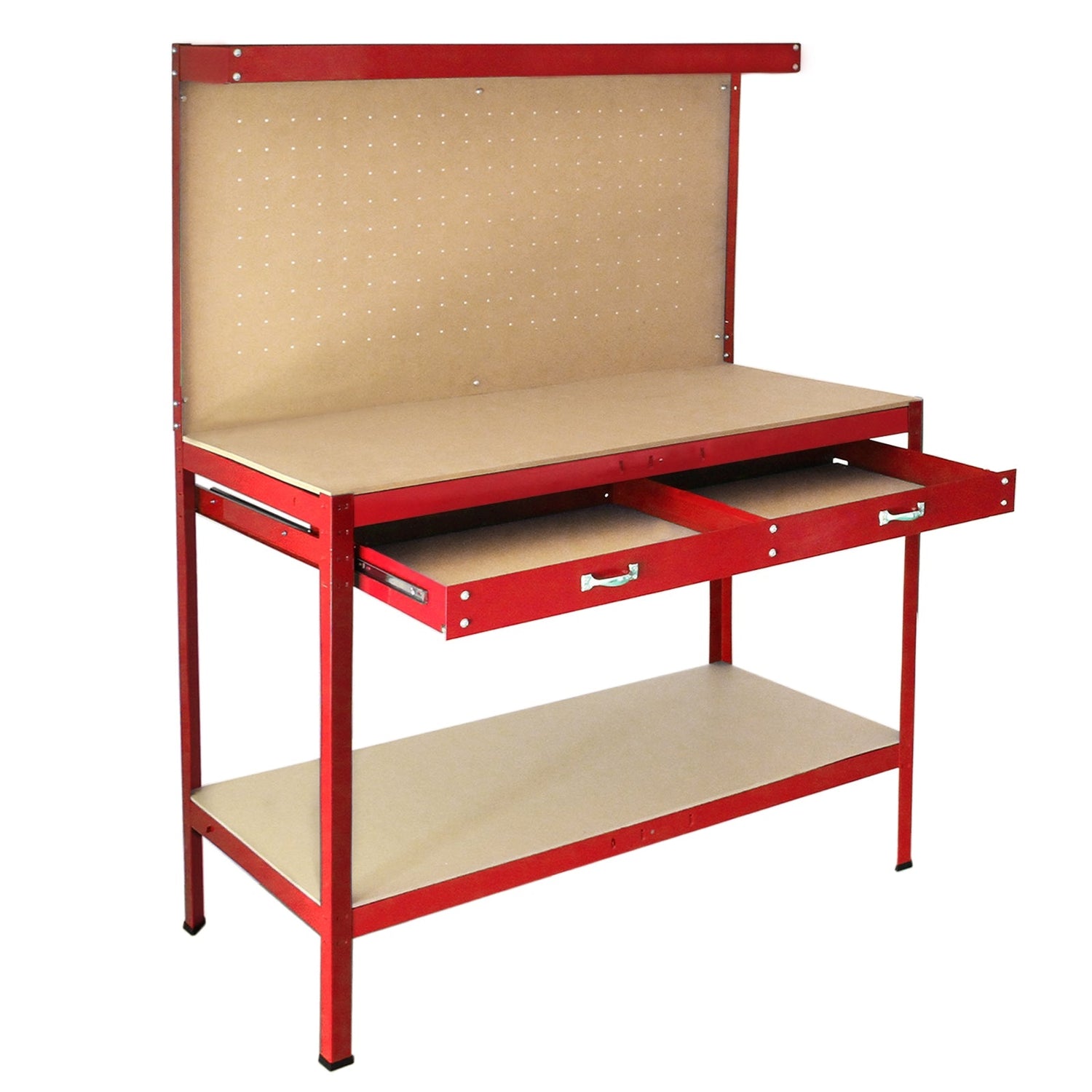 Red workbench featuring a pegboard back, two drawers, and a sturdy shelf, ideal for organizing tools and workspace efficiently