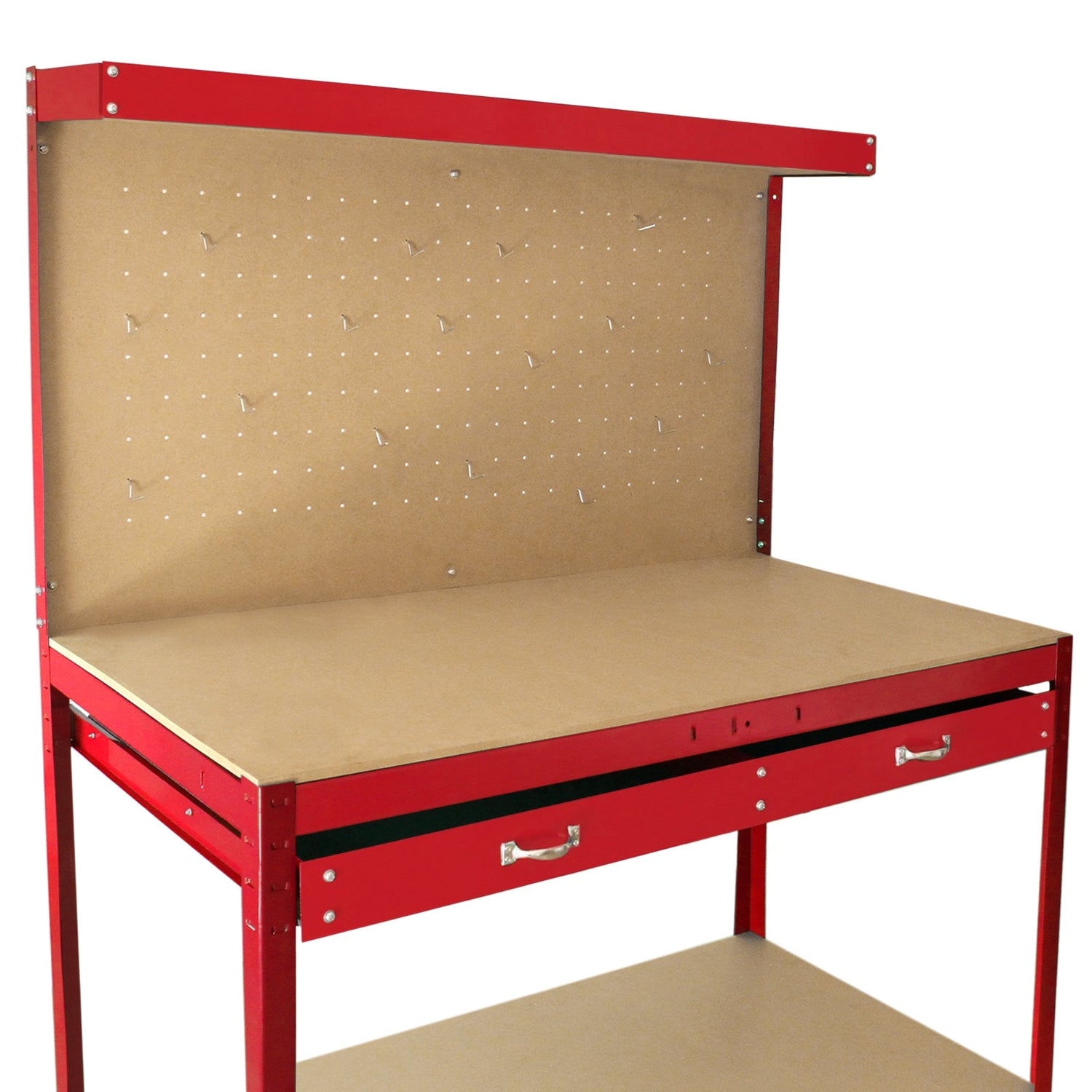 Red workbench featuring a sturdy pegboard back, smooth wooden surface, and a spacious drawer for tools and supplies