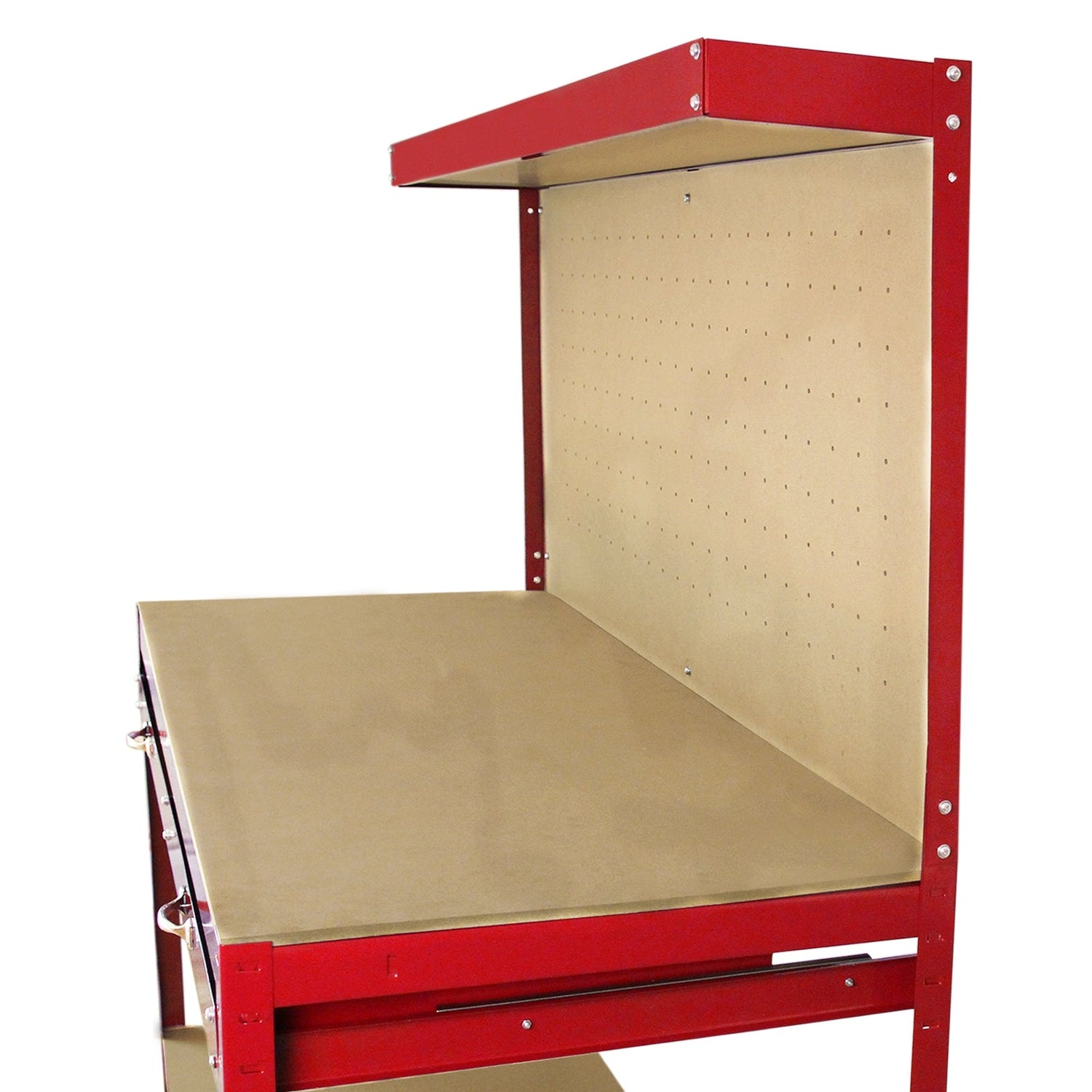 Red workbench featuring a sturdy wooden top, pegboard back for tool organization, and a convenient drawer for storage