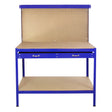Blue workbench featuring a pegboard back, two drawers, and a sturdy surface, ideal for organizing tools and workspace