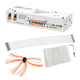 MAXBLAST Powered Chimney Sweep kit includes flexible rods, a brush with orange bristles, and a storage bag for easy use and organization