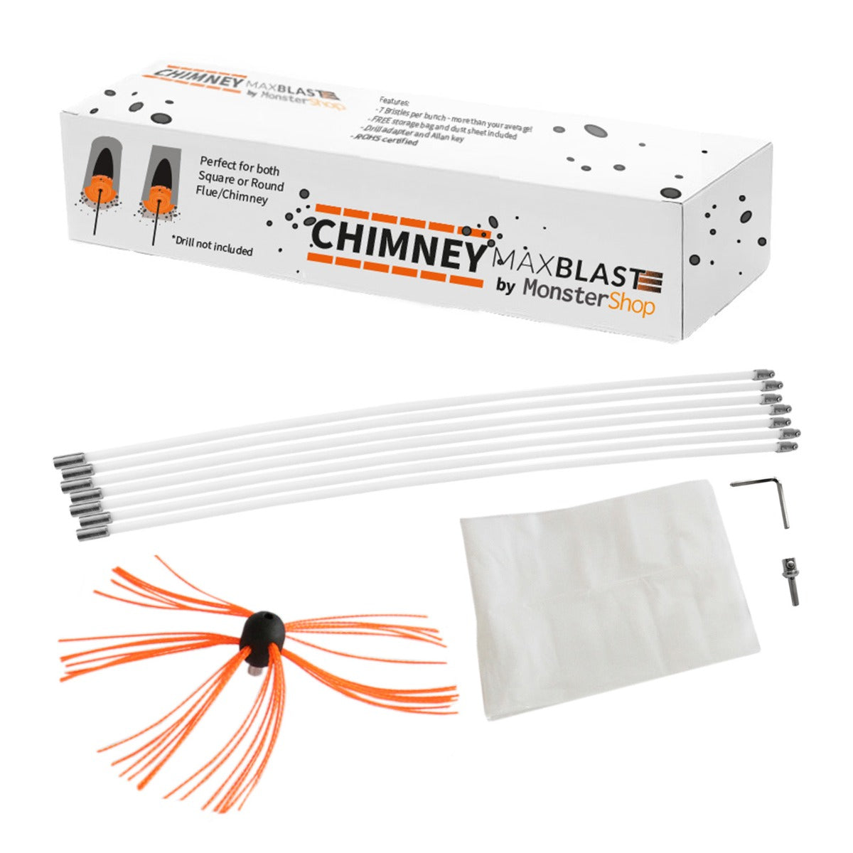 MAXBLAST Powered Chimney Sweep kit includes flexible rods, a brush with orange bristles, and a storage bag, ideal for cleaning chimneys