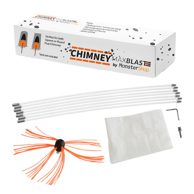 MAXBLAST Powered Chimney Sweep kit includes flexible rods, a brush with orange bristles, and a carrying case for easy storage