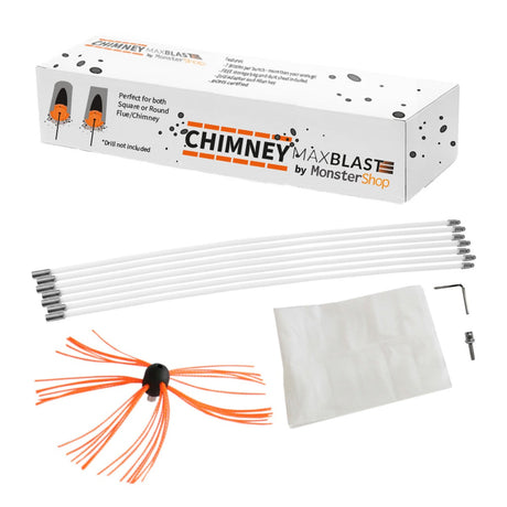 MAXBLAST Powered Chimney Sweep kit with flexible white rods, black and orange brush, and accessories for effective chimney cleaning