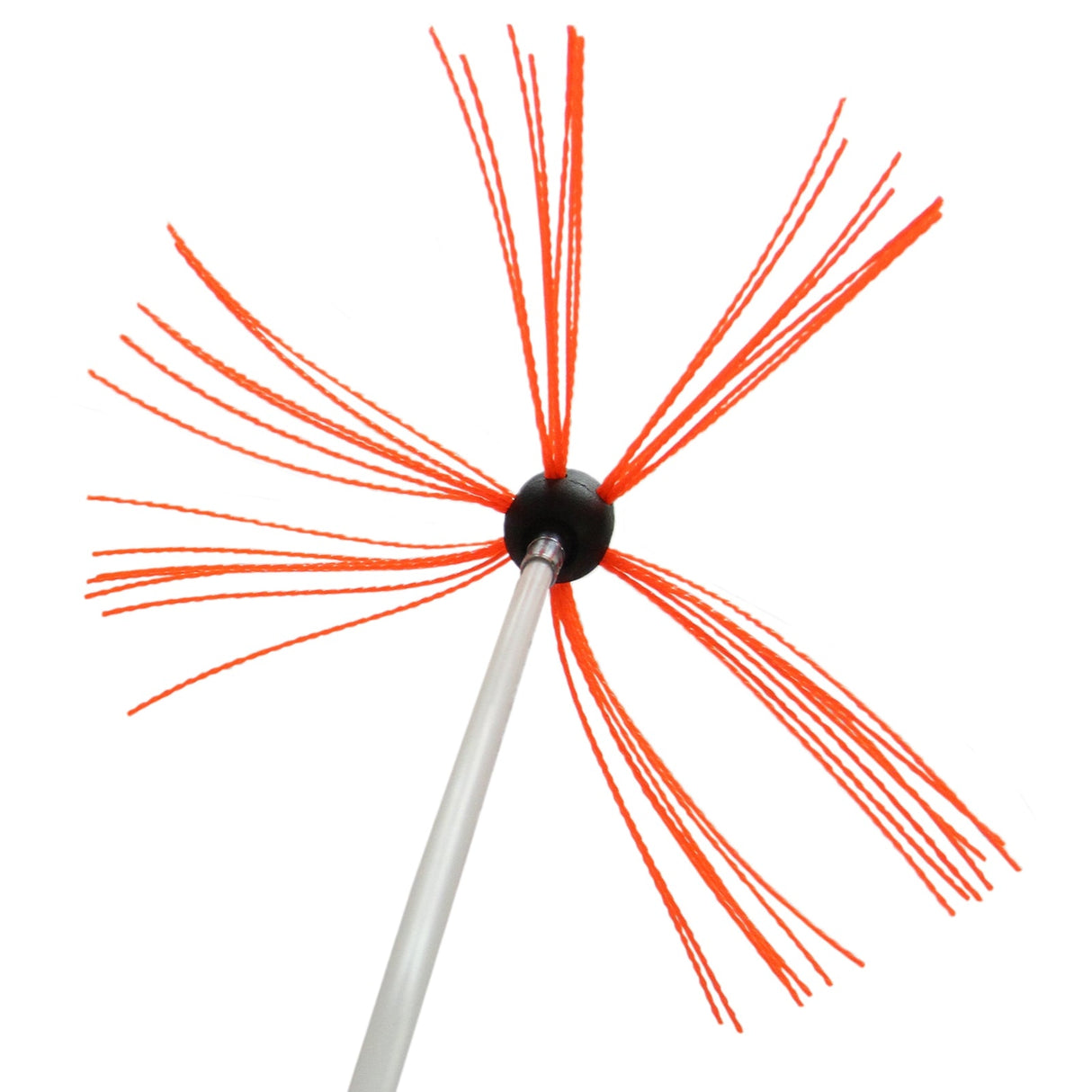 Bright orange bristles extend from a black center on a sturdy silver pole, designed for efficient chimney cleaning and maintenance