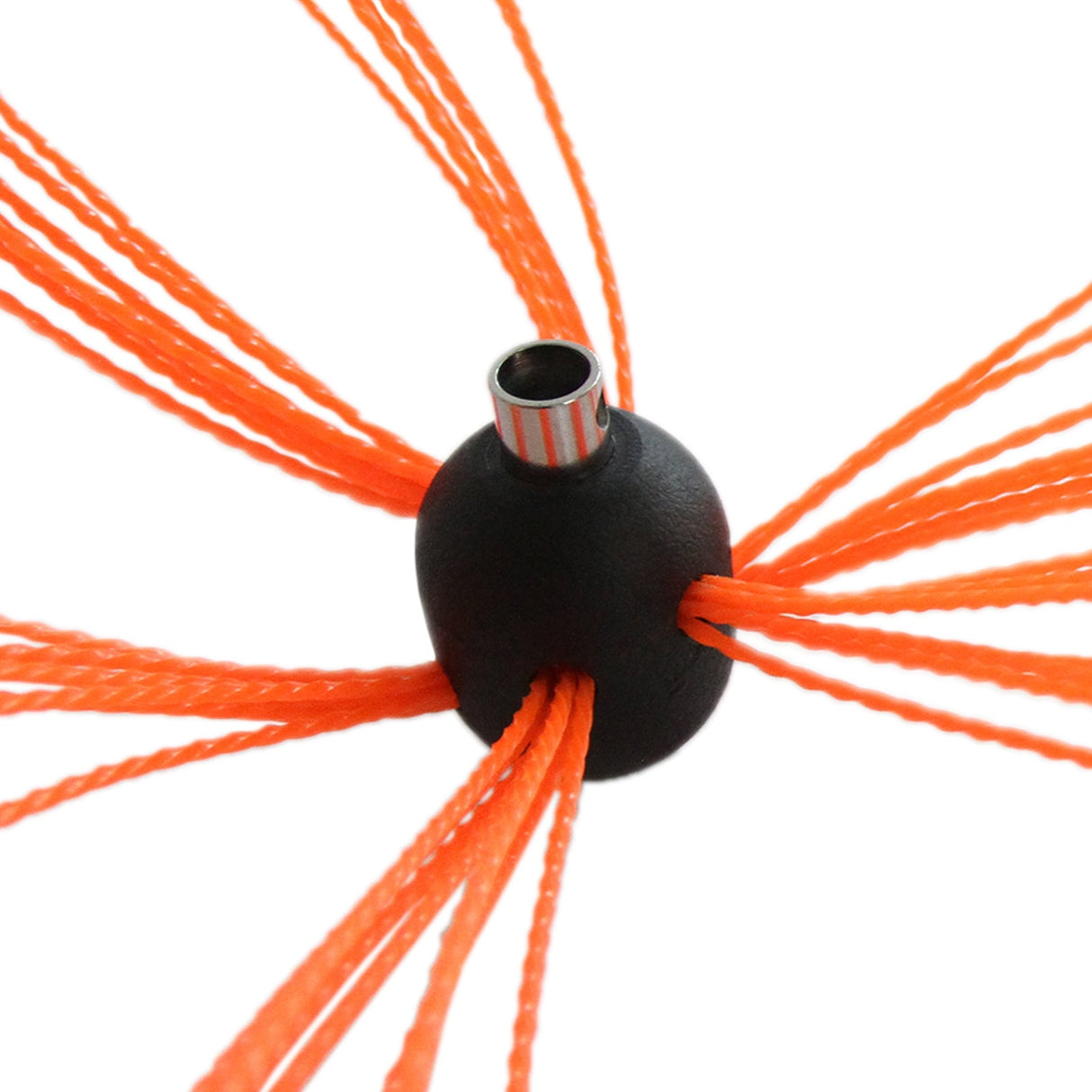 Black and orange chimney sweep tool with multiple flexible nylon rods radiating from a central connector, designed for effective cleaning