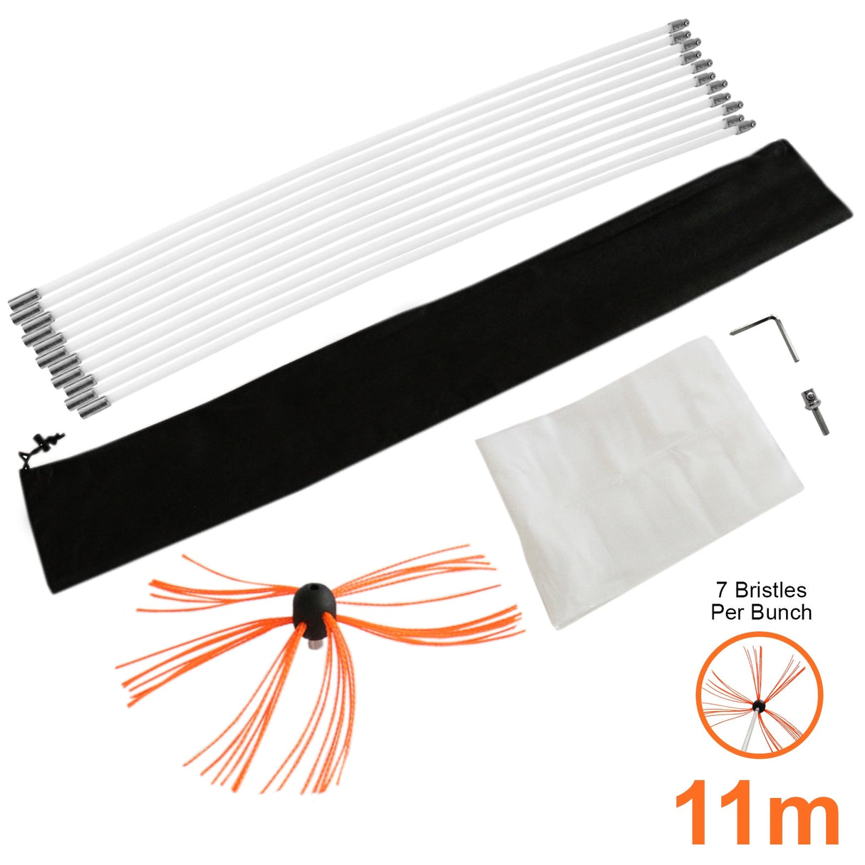 MAXBLAST Powered Chimney Sweep kit includes 11m flexible rods, orange bristle brush, storage bag, and cleaning accessories for effective chimney maintenance
