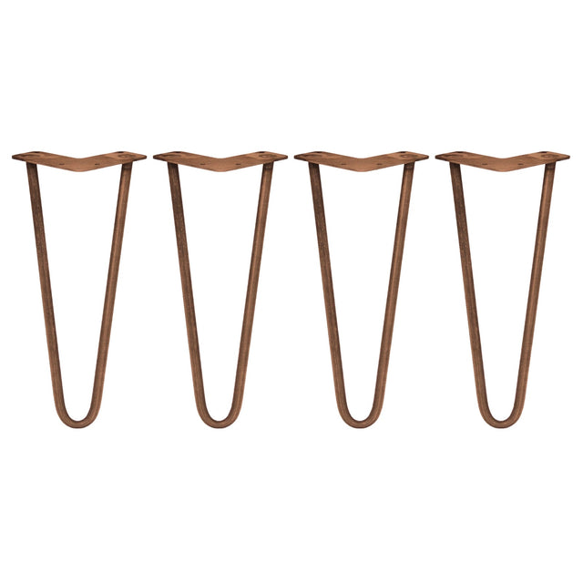 Antique copper hairpin legs, 4 x 12 inches, featuring a sleek, modern design with a 2-prong base for sturdy support
