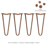 Antique copper hairpin legs, 12 inches tall, featuring a sleek, minimalist design with a smooth finish and two prongs for stability