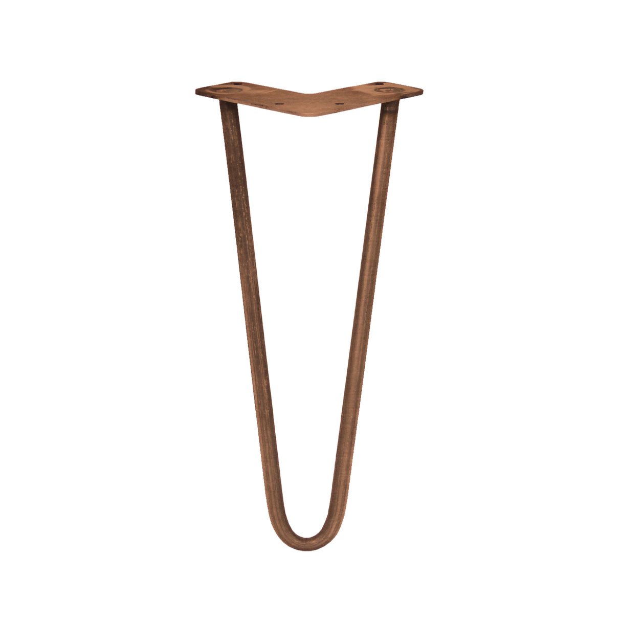 Antique copper hairpin leg with a sleek 12mm thickness, featuring a two-prong design ideal for modern furniture projects
