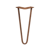 Antique copper hairpin leg with a sleek 12mm thickness, featuring a two-prong design ideal for modern furniture projects