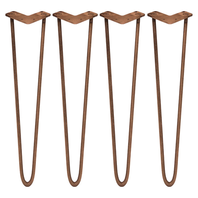 Antique copper hairpin legs in a sleek 2-prong design, measuring 28 inches, perfect for modern furniture projects