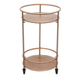 Stylish rose gold drinks trolley bar cart with two circular shelves and smooth wheels for easy mobility, perfect for entertaining