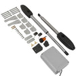 Electric swing gate opener set featuring two sleek metal arms, mounting brackets, screws, and a control box in a gray finish