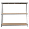 Heavy-duty galvanised steel racking unit with three sturdy shelves, featuring a sleek metallic finish and durable wooden surfaces
