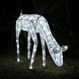 Large light-up grazing doe reindeer with a sleek, white wire frame and glowing LED lights, set against a dark garden backdrop