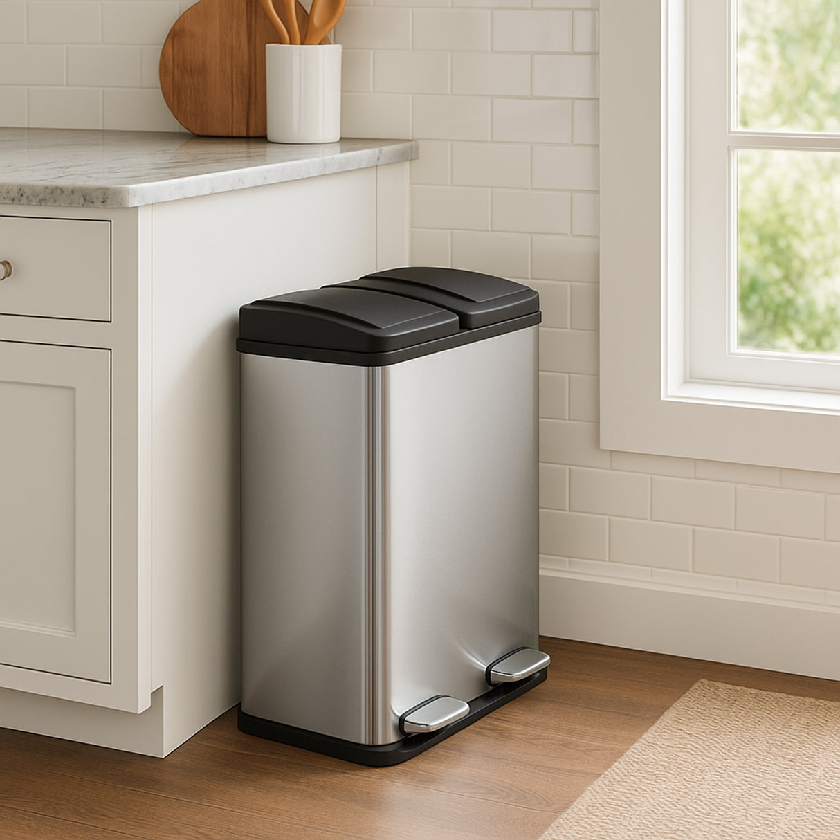 Sleek 60L dual pedal bin in stainless steel with black accents, positioned beside a kitchen cabinet on a wooden floor