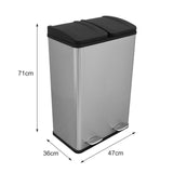 Sleek 60L dual pedal bin in stainless steel with black lids, featuring a modern design and durable finish, ideal for kitchens
